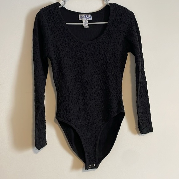90s Long Sleeve Bodysuit Black Large Textured Swirl Alt Goth Minimal Stretch Y2K - Picture 2 of 15
